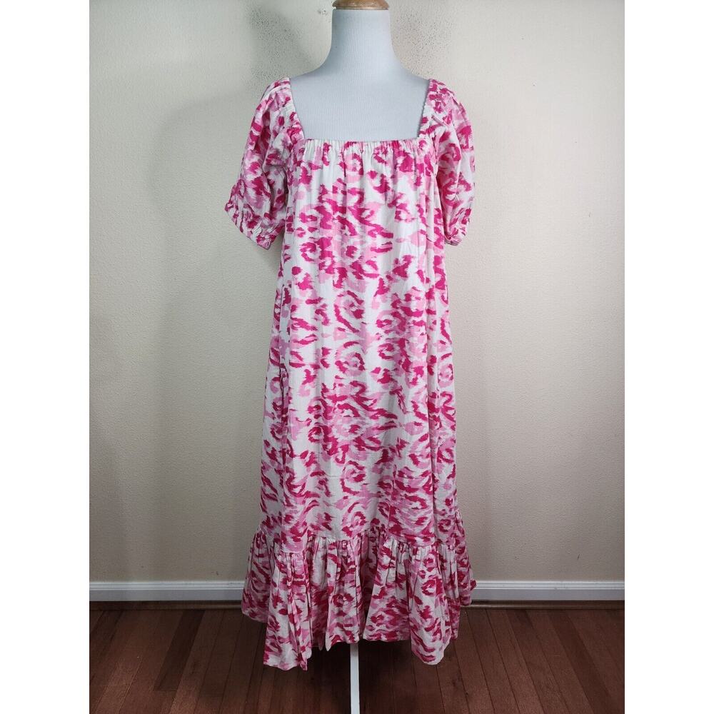 2Chic Women's Pink Animal Print Short Puff Sleeve Flax Blend Maxi Dress Size O/S